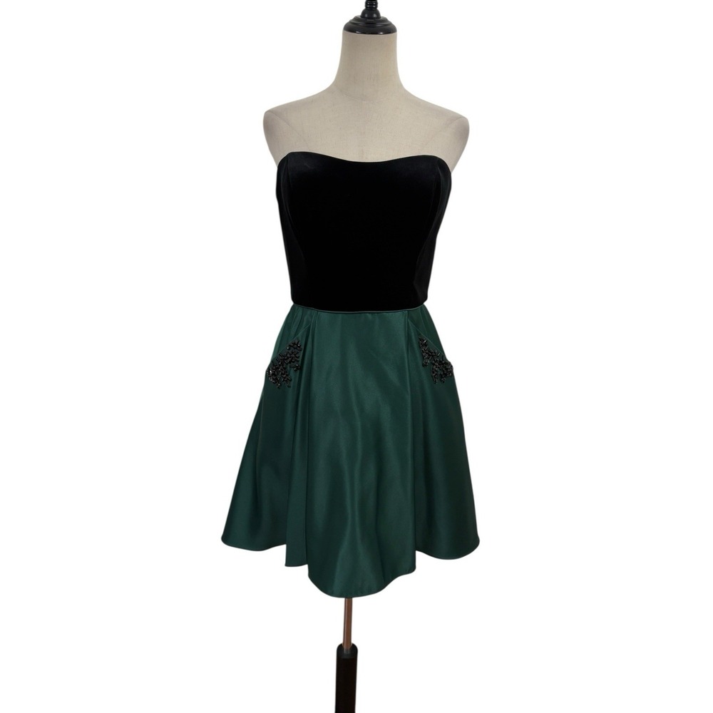 Y2K Blondie Nites Black Velvet Green Satin Cocktail Dress Sz 9 Holiday NYE Party